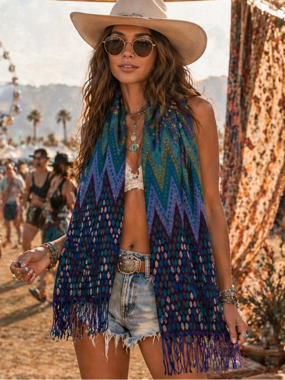 FRAAS Cashmink Chevron Scarf Blue Green Purple Reversible Fringe Wrap